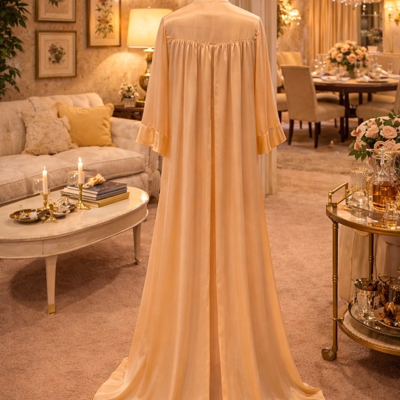 Rare Peach Buttery Soft Hostess Robe Crystal Buttons 1960s Saks 5th Ave Satin - Picture 3 of 9